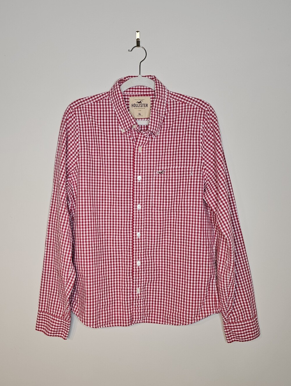 Hollister 100% Cotton Long Sleeve Button Front Shirt Red White Gingham Plaid XL